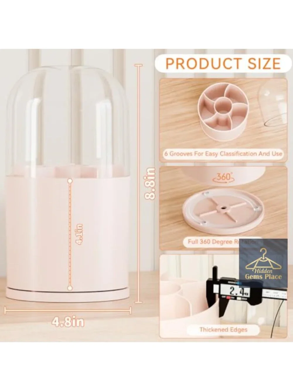 Rotating Acrylic Makeup Brush Holder with Lid, 6 Compartments Spinning Cosmetic